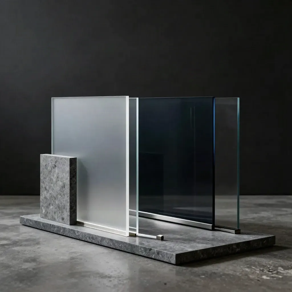 Layered acrylic panels and limestone blocks form a custom website architecture model in a dark studio.