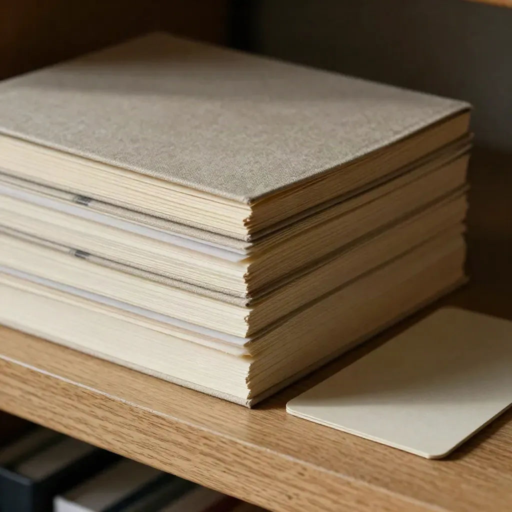 Nested blank index cards, translucent tabs, and a linen notebook on a pale oak planning surface.